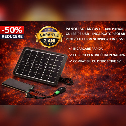 Panou Solar 8W CL-680 Portabil cu Iesire USB – Incarcator Solar pentru Telefon si Dispozitive 5V