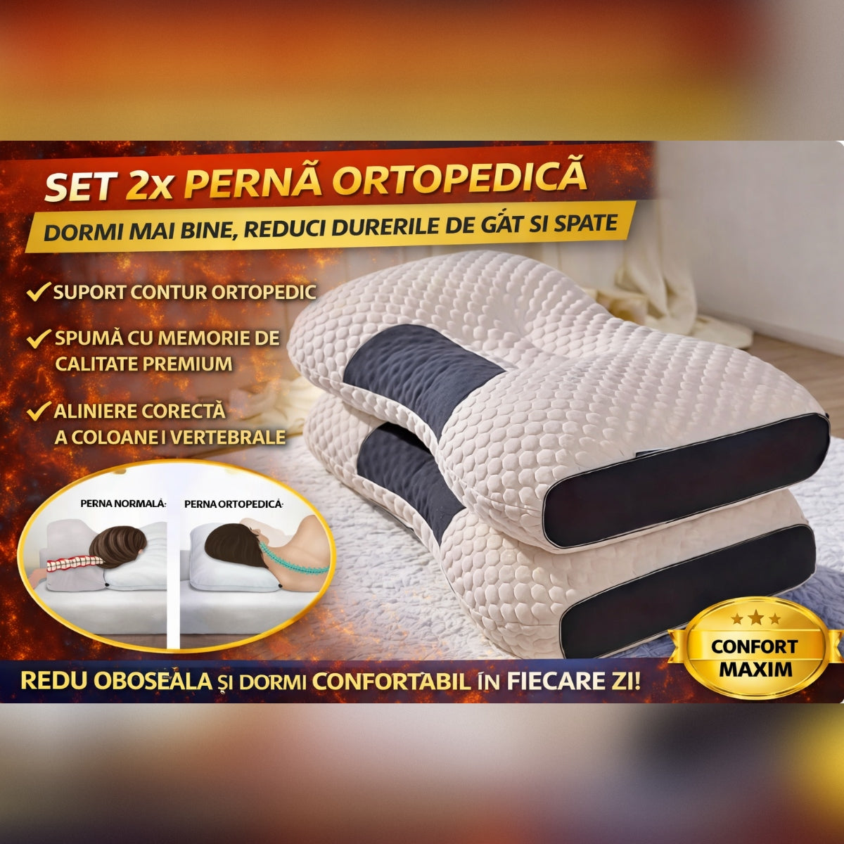 Set 2 Perne Tricotate din Bumbac cu Protectie Cervicala pentru Gat, Ortopedice, Confortabile BAS