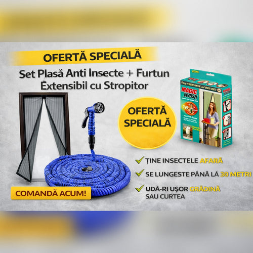 Set Plasa Anti Insecte Magnetica pentru Usa + Furtun Extensibil 30M cu Accesoriu de Stropit – Pachet Util pentru Casa si Gradina