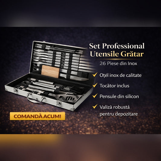 Set Profesional Ustensile Gratar 26 Piese din Inox – Cutie Aluminiu pentru BBQ, Camping si Gradina