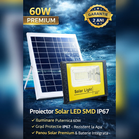 Proiector Solar 60W LED SMD IP67 – Iluminare Exterior Puternica cu Panou Solar Separat
