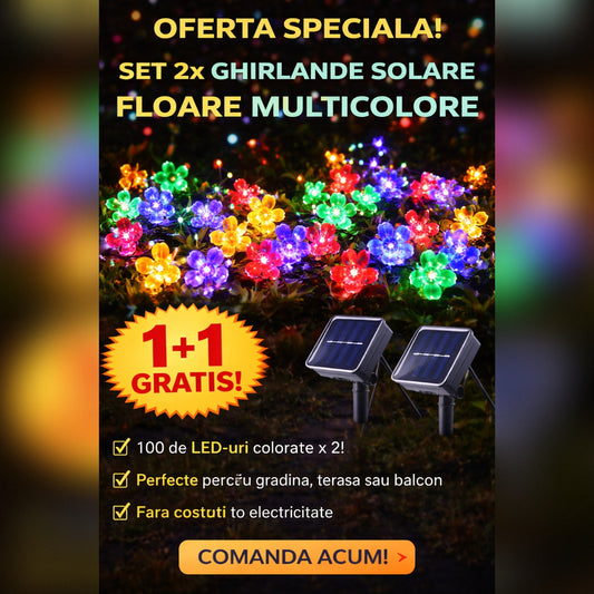 Set 2 x Ghirlanda Solara 50 LED Flori Multicolor 5m – Decoratiune Luminoasa Exterior, 8 Moduri Iluminare, Rezistenta la Apa IP65