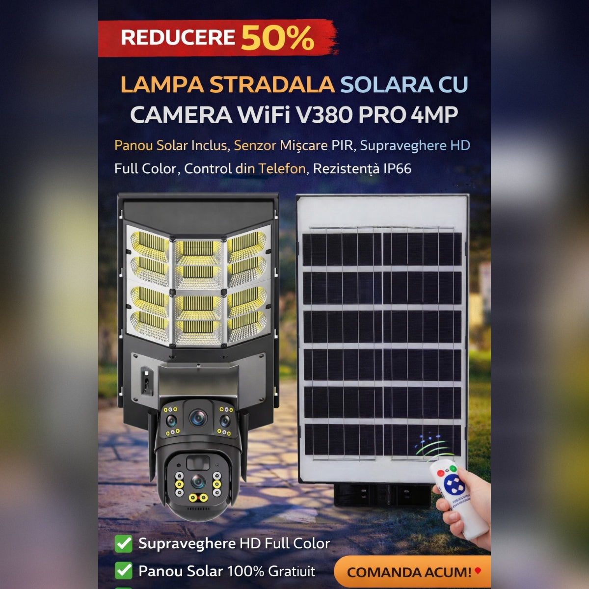 Lampa Stradala Solara cu Camera WiFi V380 PRO 4MP, Panou Solar Inclus, Senzor Miscare PIR, Supraveghere HD Full Color, Control din Telefon