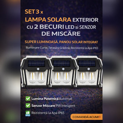 Set 3 x Lampa Solara Exterior cu 2 Becuri LED si Senzor de Miscare - Super Luminoasa, Rezistenta la Apa IP65