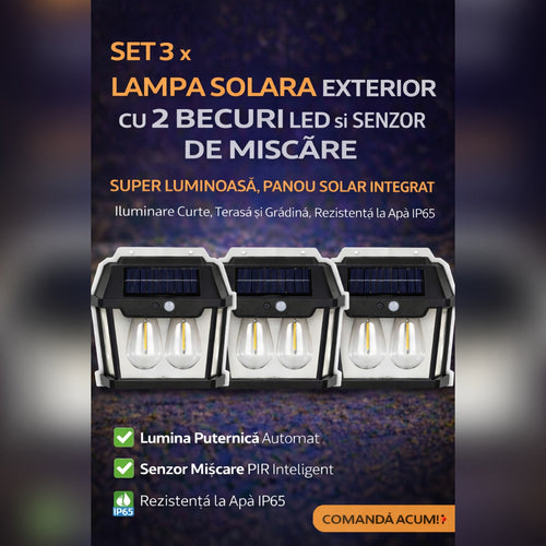 Set 3 x Lampa Solara Exterior cu 2 Becuri LED si Senzor de Miscare - Super Luminoasa, Rezistenta la Apa IP65