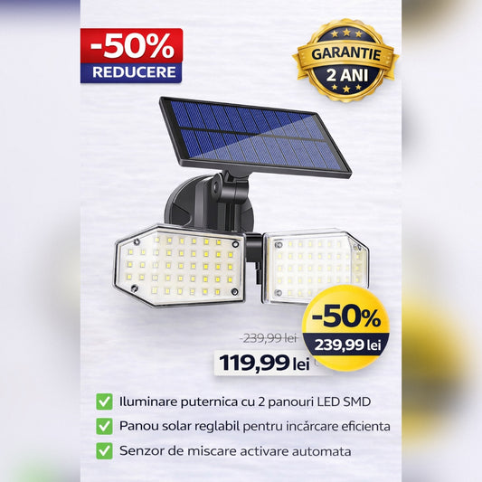 Lampa Solara 78 LED cu Senzor Miscare si Panou Solar Reglabil