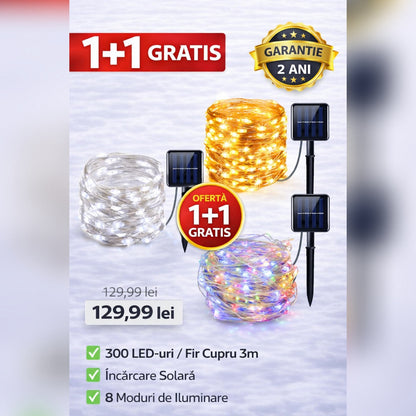 Set 2 x Ghirlanda Solara 300 LED din Sarma de Cupru – 3m, 8 Jocuri de Lumini, Diverse Culori