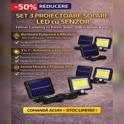 Set 3 x Lampa Solara LED SL-F100 cu Senzor de Miscare – Proiector Exterior cu Panou Solar, Iluminare Curte si Gradina