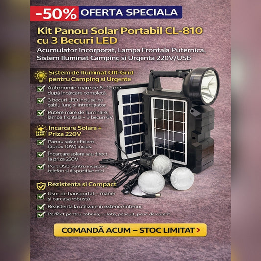 Kit Panou Solar Portabil CL-810 cu 3 Becuri LED, Acumulator Incorporat, Lampa Frontala Puternica, Sistem Iluminat Camping si Urgenta