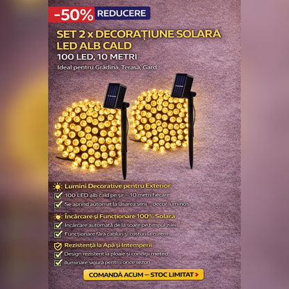 Set 2 x Decoratiune Solara 100 LED, 10 Metri Alb Cald – Rezistente la Intemperii, pentru Casa, Curte, Terasa