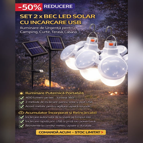 Set 2 x Bec cu Panou Solar si Incarcare USB, Lampa Camping si Urgenta cu Carlig, 3 Panouri Iluminare 360°, Acumulator Inclus