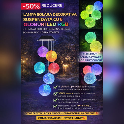 Lampa Solara Decorativa Suspendata cu 6 Globuri LED RGB – Iluminat Exterior Gradina, Terasa, Balcon, Schimbare Culori Automata