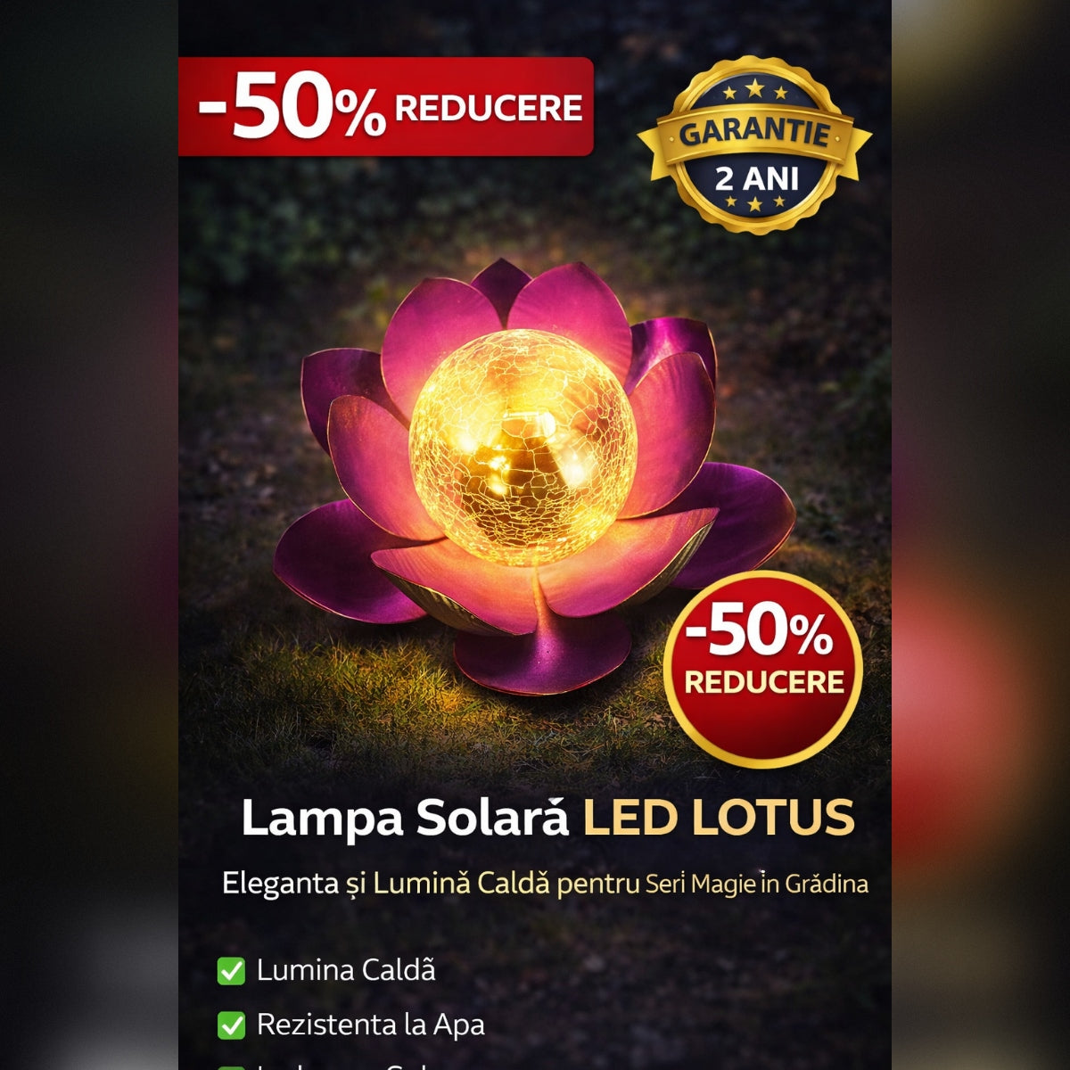 Lampa Solara LED LOTUS pentru Gradina – Iluminare Decorativa Exterior, Lumina Calda, Rezistenta la Apa