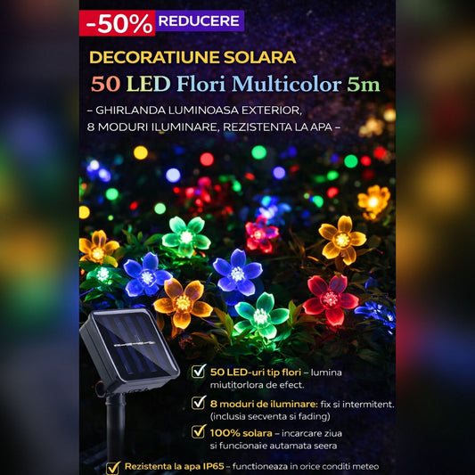 Ghirlanda Solara 50 LED Flori Multicolor 5m – Decoratiune Luminoasa Exterior, 8 Moduri Iluminare, Rezistenta la Apa IP65