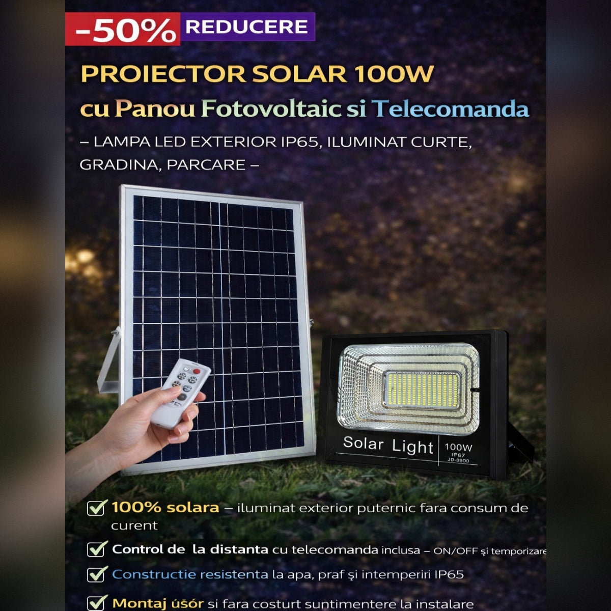 Proiector Solar 100W cu Panou Fotovoltaic si Telecomanda – Lampa LED Exterior IP65, Iluminat Curte, Gradina, Parcare
