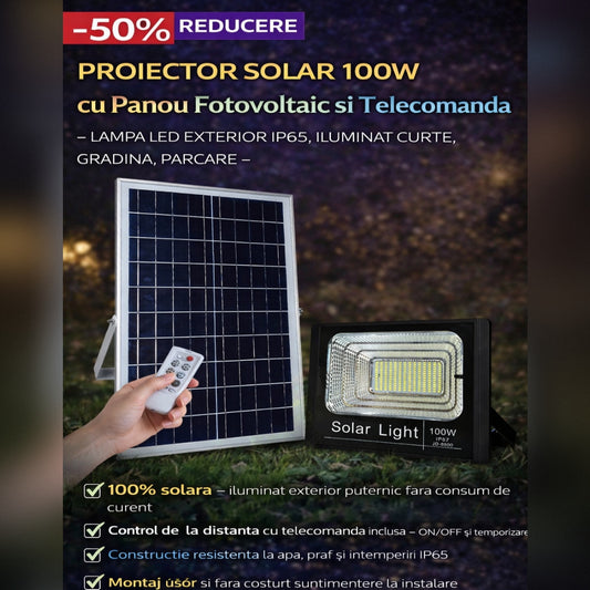 Proiector Solar 100W cu Panou Fotovoltaic si Telecomanda – Lampa LED Exterior IP65, Iluminat Curte, Gradina, Parcare