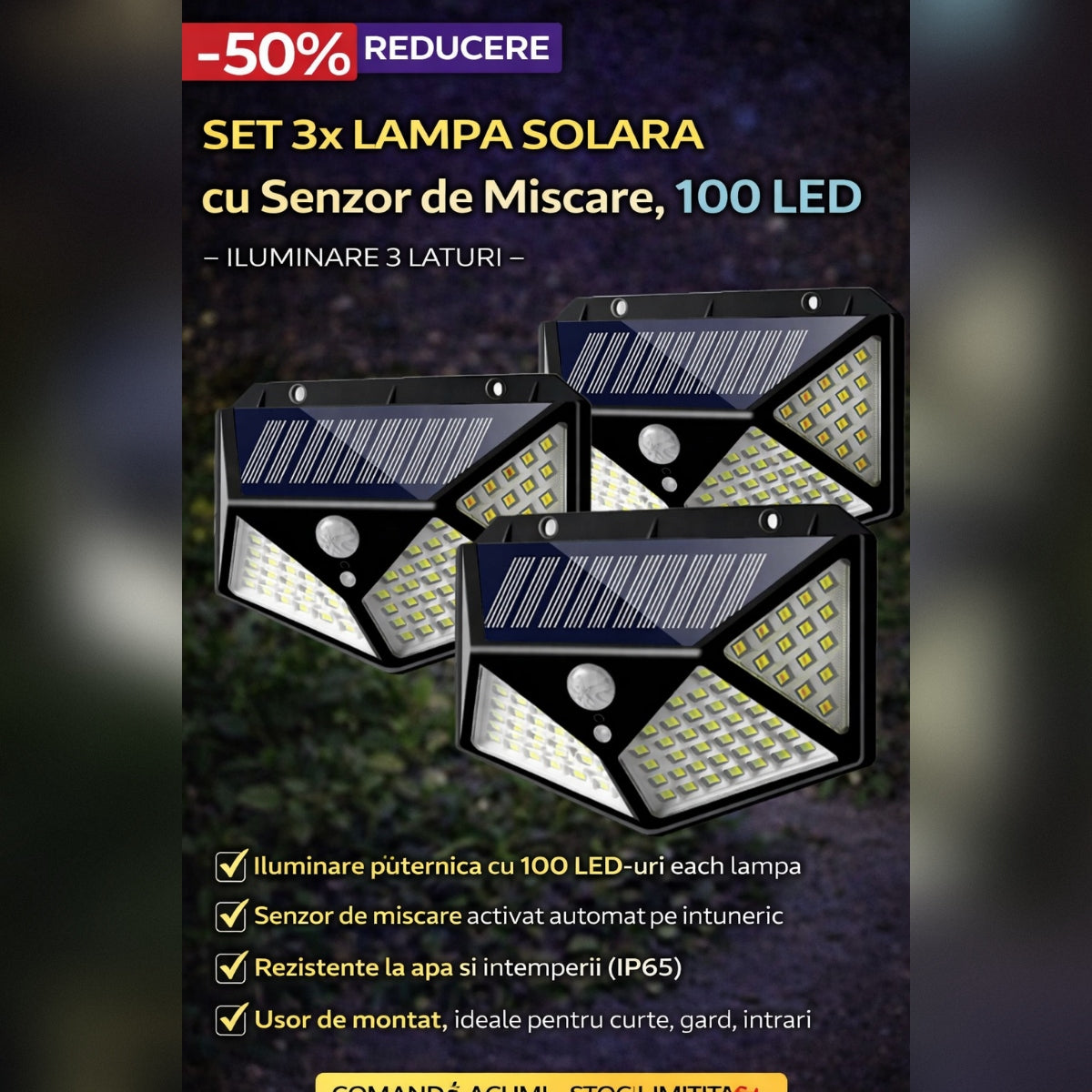 Set 3 x Lampa Solara cu Senzor de Miscare, 100 LED, Iluminare 3 Laturi, IP65 pentru Exterior