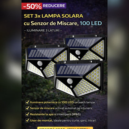 Set 3 x Lampa Solara cu Senzor de Miscare, 100 LED, Iluminare 3 Laturi, IP65 pentru Exterior