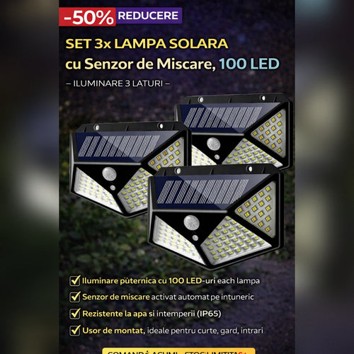 Set 3 x Lampa Solara cu Senzor de Miscare, 100 LED, Iluminare 3 Laturi, IP65 pentru Exterior