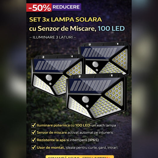 Set 3 x Lampa Solara cu Senzor de Miscare, 100 LED, Iluminare 3 Laturi, IP65 pentru Exterior