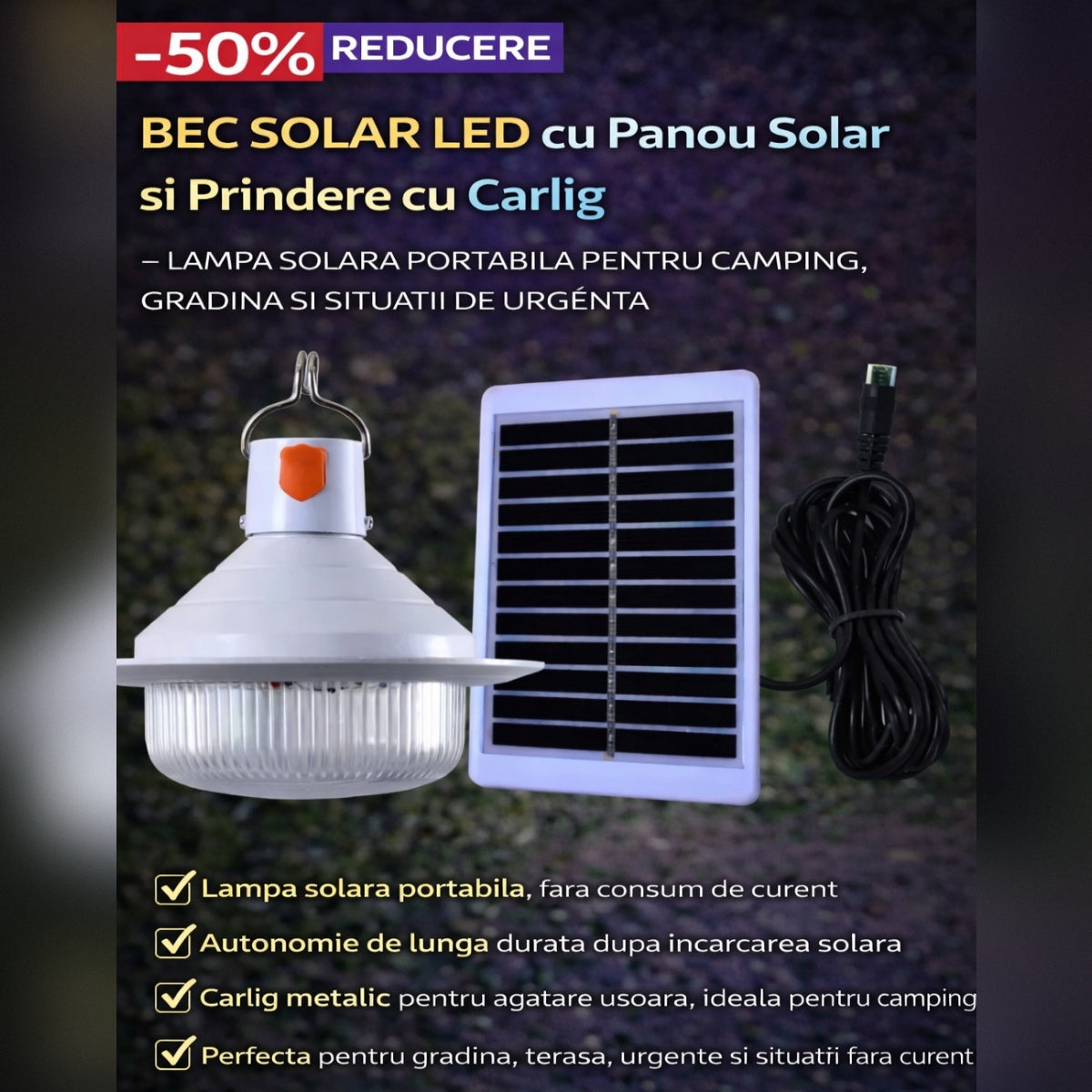Bec Solar LED cu Panou Solar si Prindere cu Carlig, Lampa Solara Porta ...