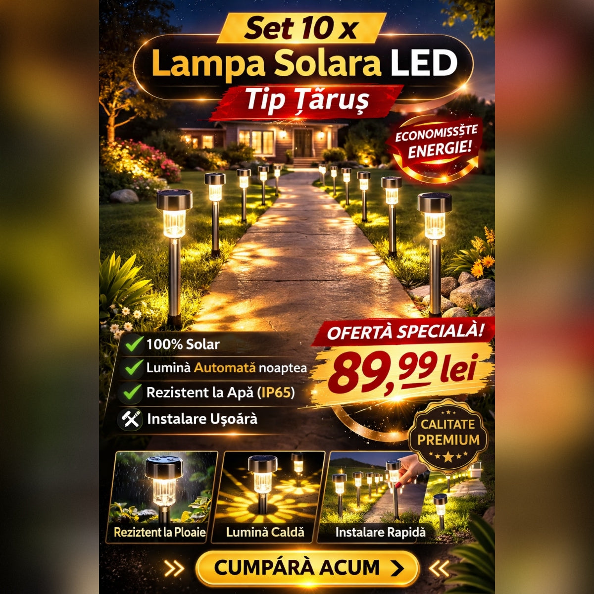 Set 10 x Lampa Solara LED Tip Tarus pentru Gradina, Alee si Curte – Iluminare Automata Exterior, Rezistente la Intemperii