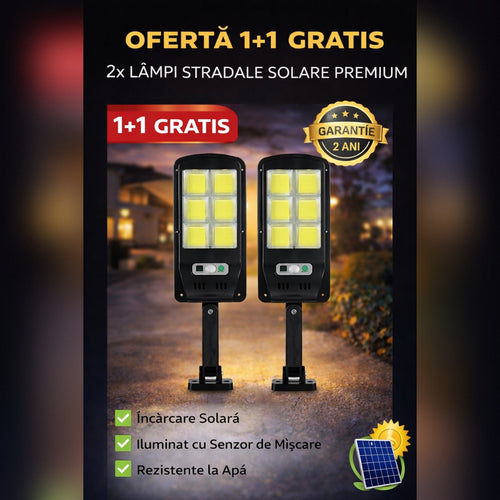 Set 2 x Proiector Solar cu 6 Celule si Senzor – Iluminare Puternica si Economica pentru Exterior