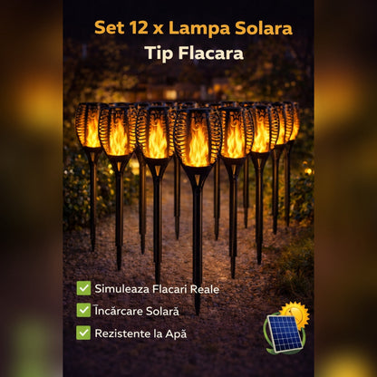 Set 12 x Lampa Solara Tip Torta cu Efect Flacara 51.5 cm – Iluminat Decorativ Exterior pentru Gradina, Alee si Curte