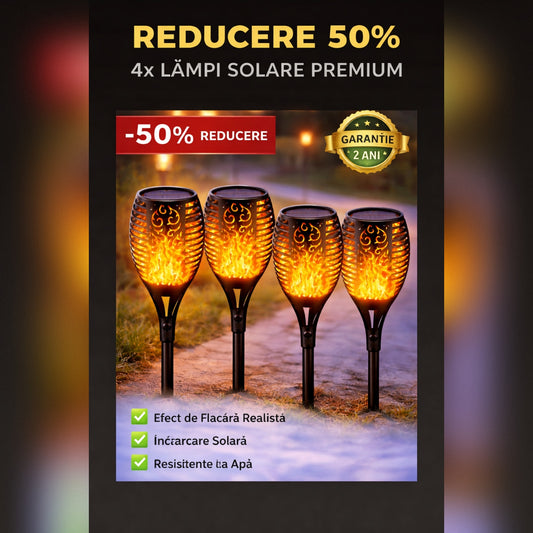 Set 4 x Lampa Solara Tip Torta cu Efect Flacara 51.5 cm – Iluminat Decorativ Exterior pentru Gradina, Alee si Curte