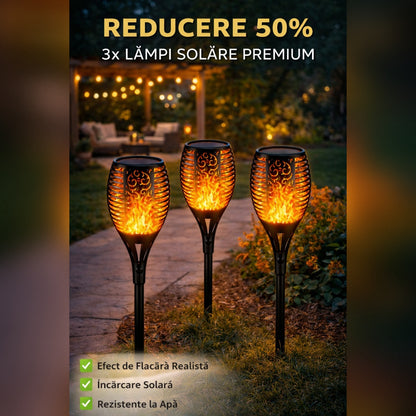 Set 3 x Lampa Solara Tip Torta cu Efect Flacara 51.5 cm – Iluminat Decorativ Exterior pentru Gradina, Alee si Curte