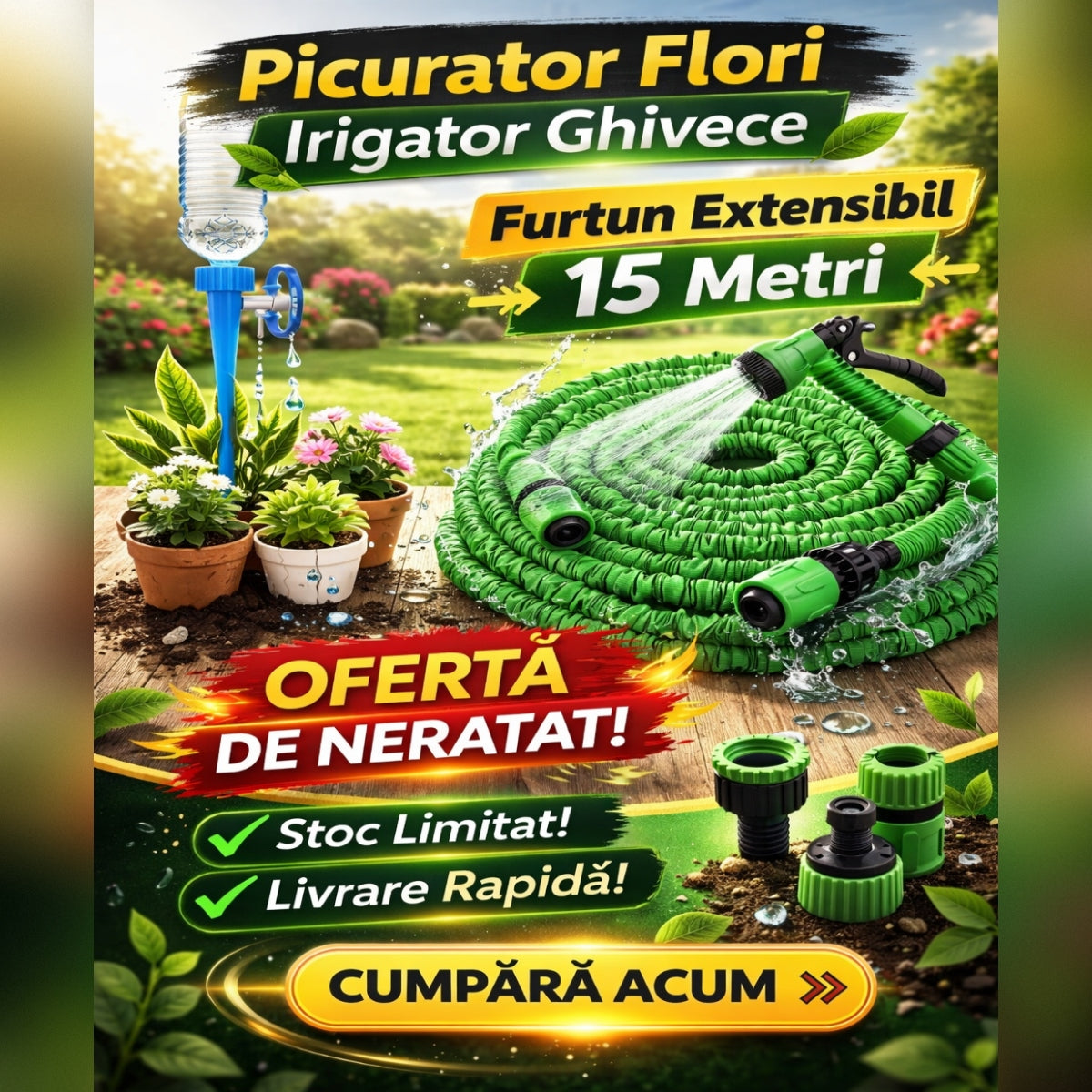 Furtun Extensibil 15 Metri cu Picurator pentru Ghivece – Sistem Udare Automata pentru Gradina si Plante