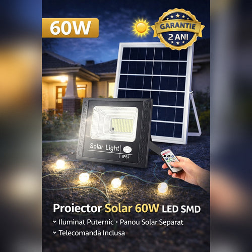 Proiector Solar 60W LED SMD cu Telecomanda – Iluminare Exterior Puternica, Panou Solar Separat