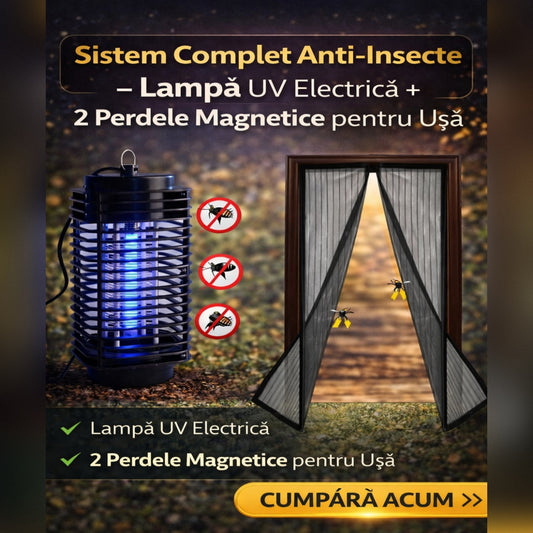 Sistem Complet Anti-Insecte – Lampa UV Electrica + 2 Perdele Magnetice pentru Usa
