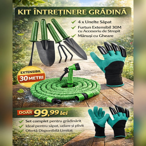 Kit Intretinere Gradina – 4 x Unelte Sapat, Furtun Extensibil 30M cu Accesoriu de Stropit si Manusi cu Gheare